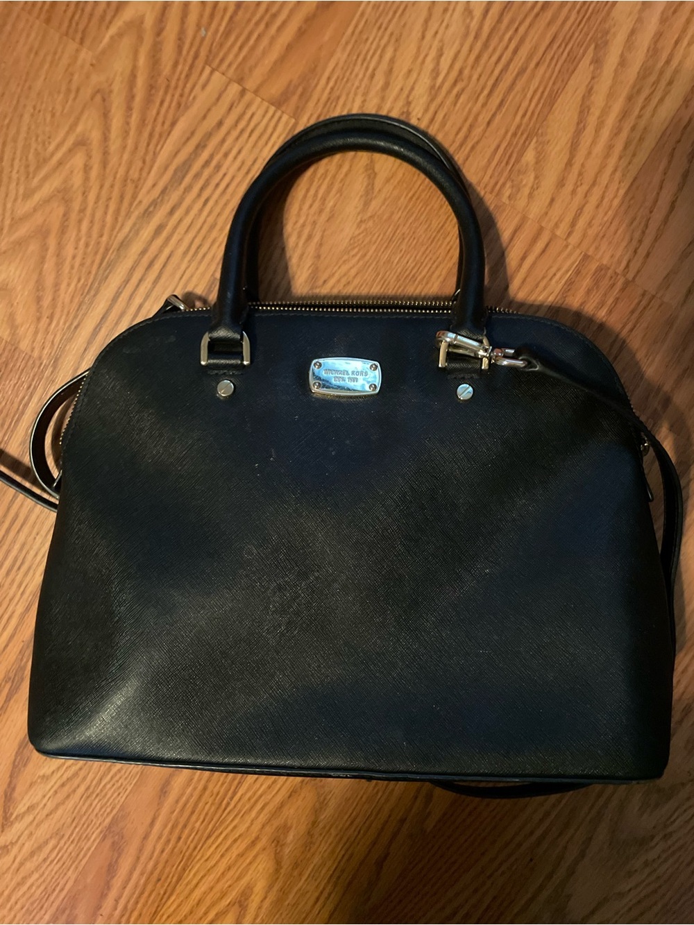 Black Structured Leather Satchel - Metal Plaque Detail MICHAEL KORS